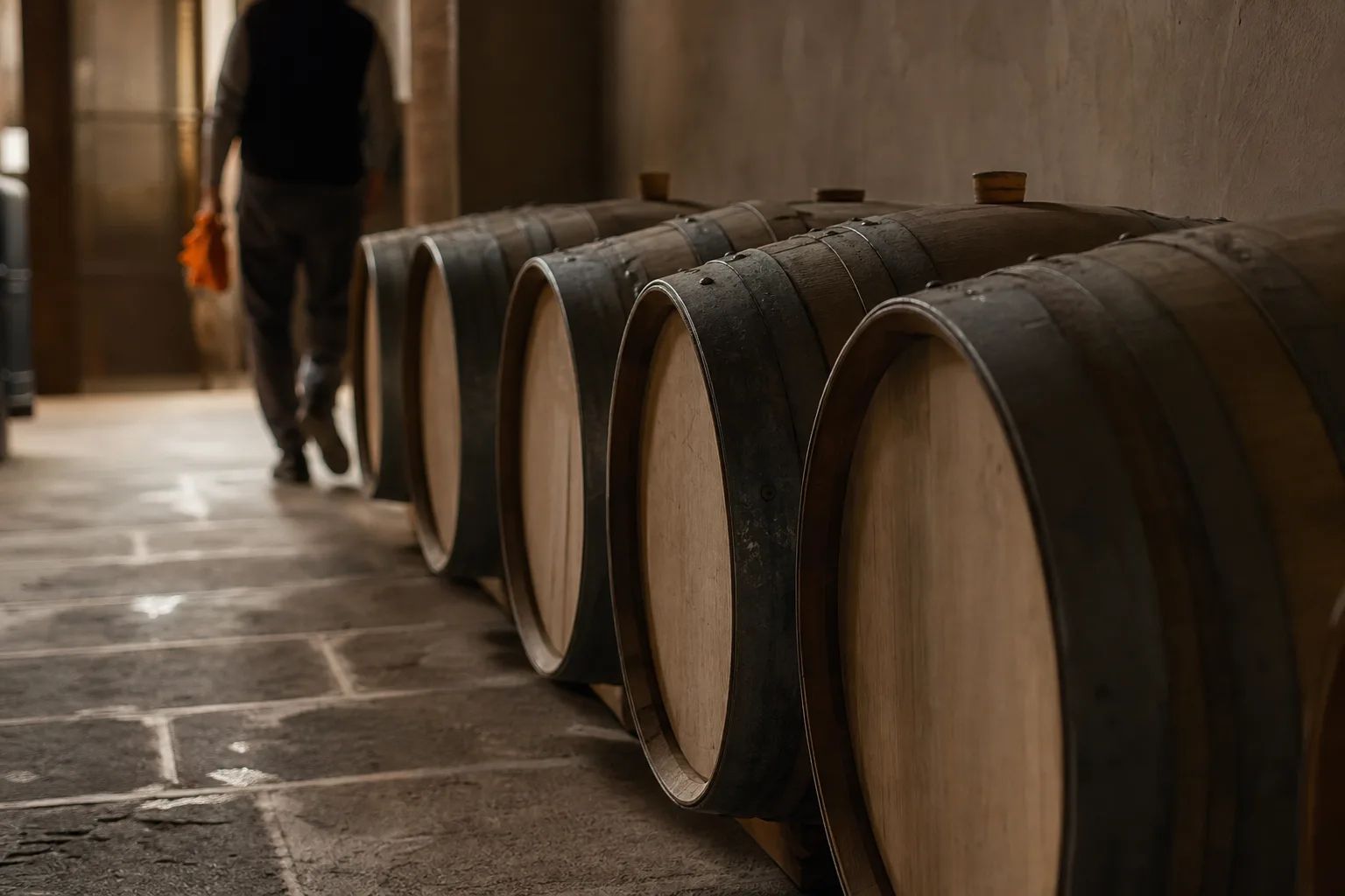 Interior de una bodega con barricas