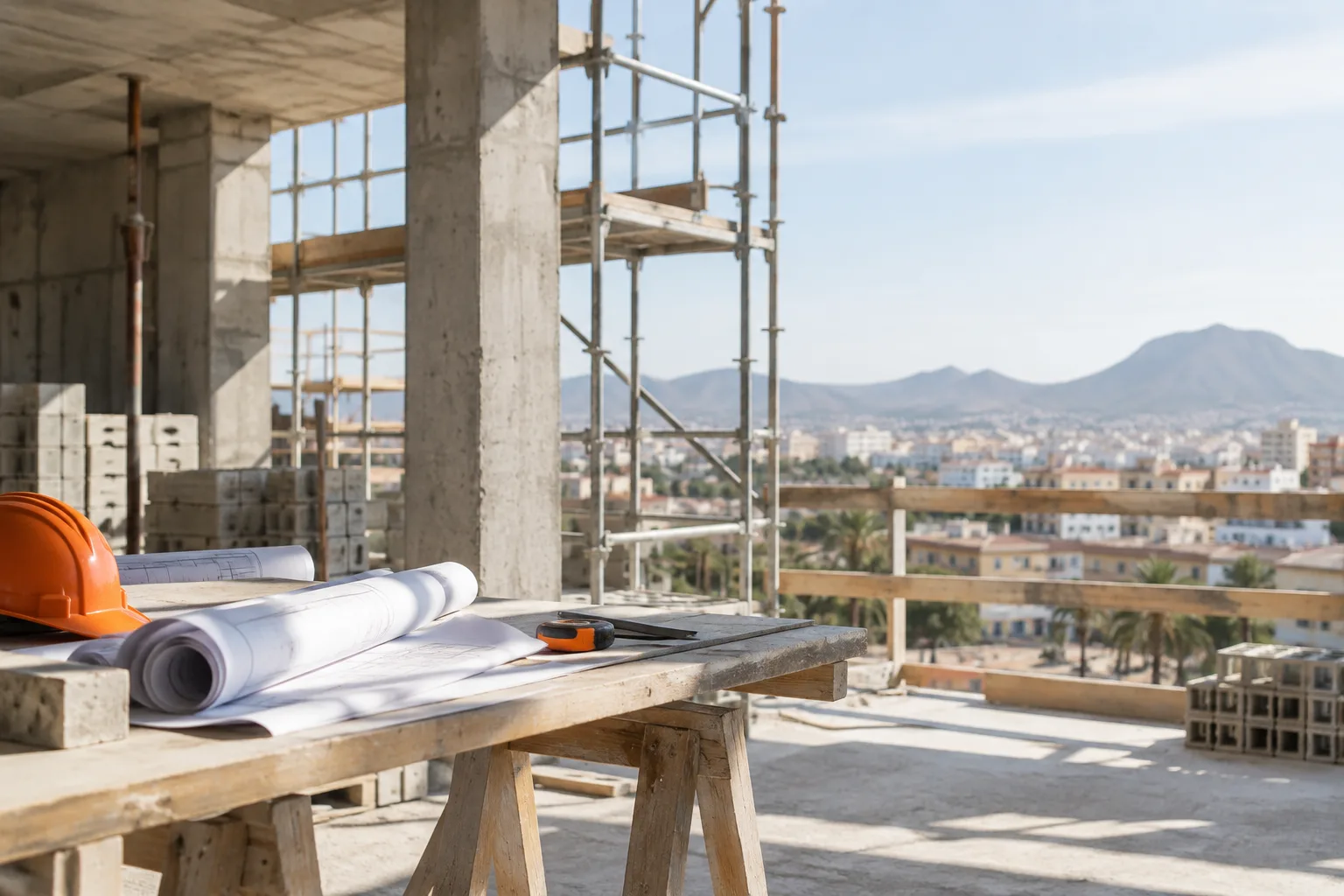 Vivienda en construcción con andamio y planos enrollados