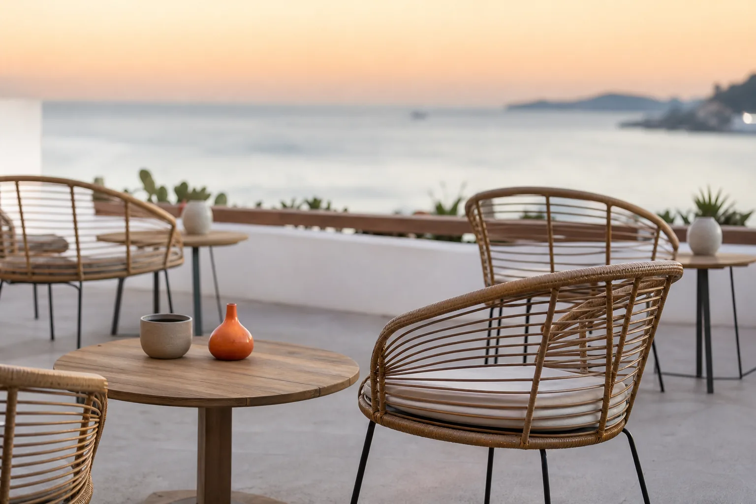 Terraza de un hotel en la costa mediterránea al atardecer